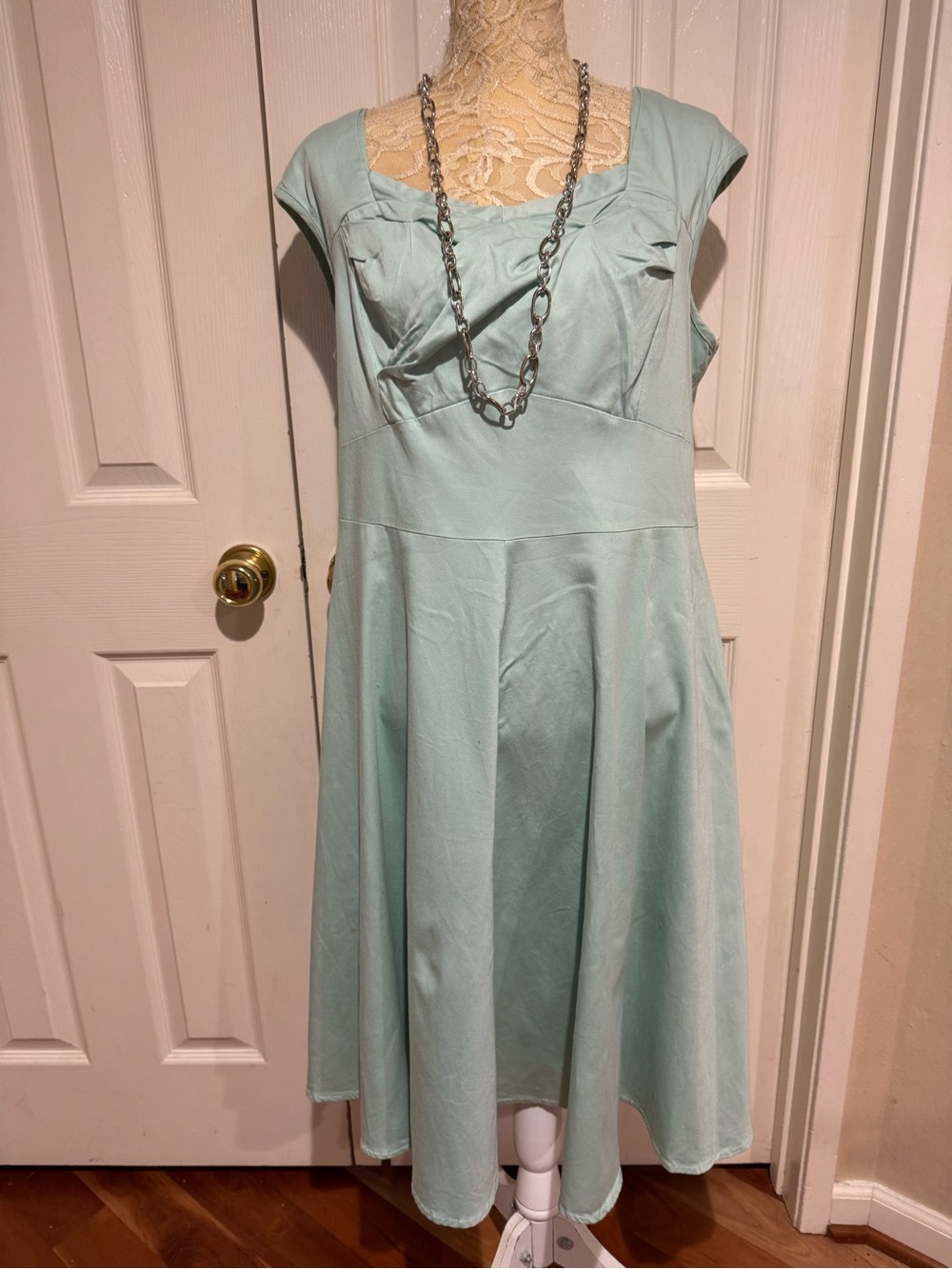 Cap-Sleeve Mint Green Midi Fit-and-Flare Dress